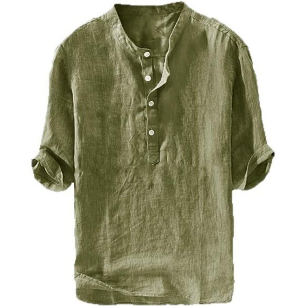 Mens Linen Shirts Casual Cotton 3/4 Sleeve Regular-Fit Henley